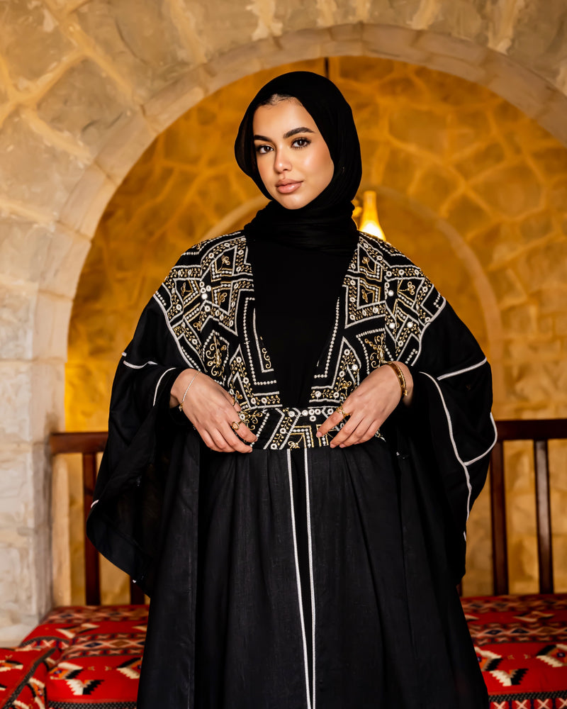 Belted Embroidered Kaftan - Black