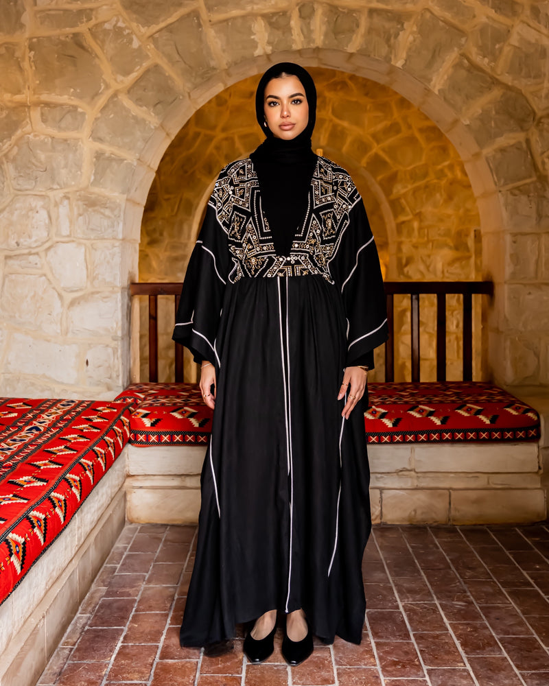 Belted Embroidered Kaftan - Black