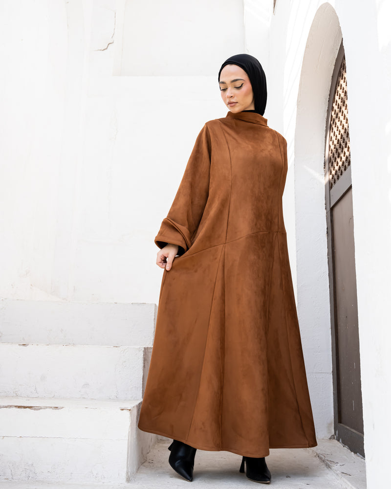 Boat Neck Suede Dress - Brown