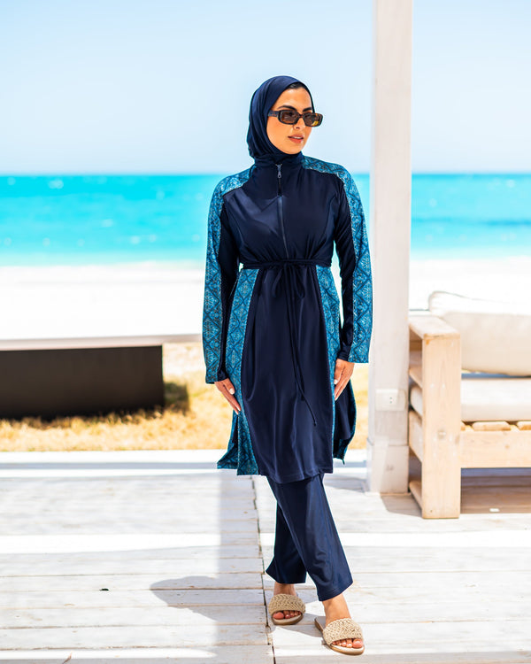 Border Side Slits Burkini-Dark Blue