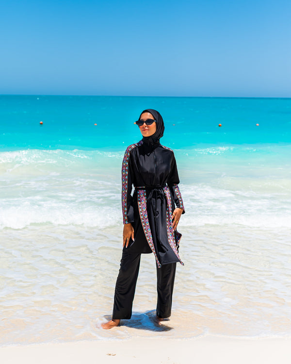 Border Side Slits Burkini-Black