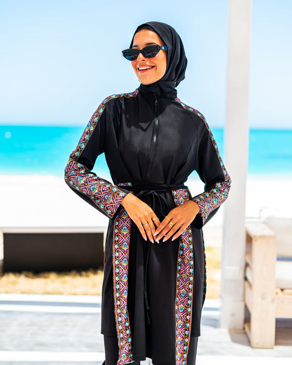 Border Side Slits Burkini-Black