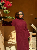 Braided Sleeves Knit Dress-Maroon