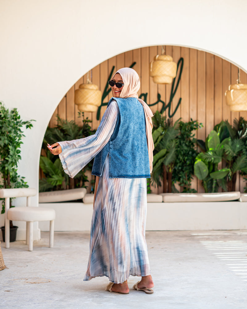 Chiffon Dress With Denim Vest - Tie-Dye