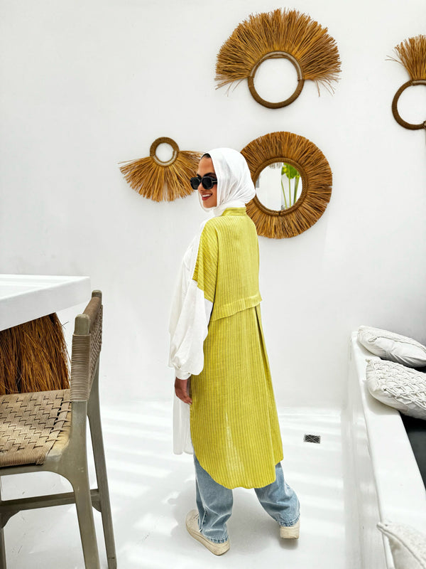 Color-Block Linen Blouse-Lime