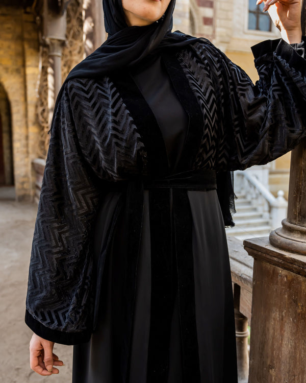 Engraved Velvet Abaya-Black