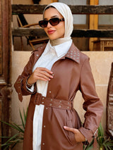 Eyelets Leather Coat - Brown