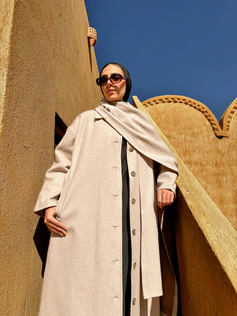 Felt Coat With Scarf - Beige