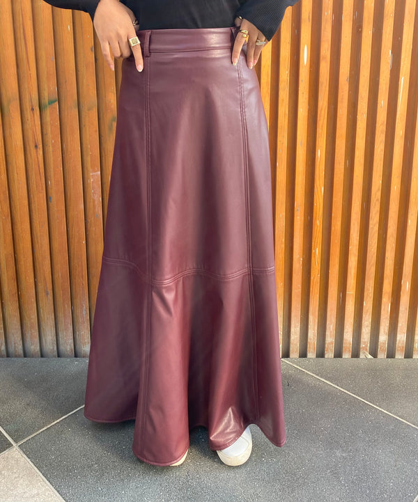 Top-stitched Leather Skirt - Maroon