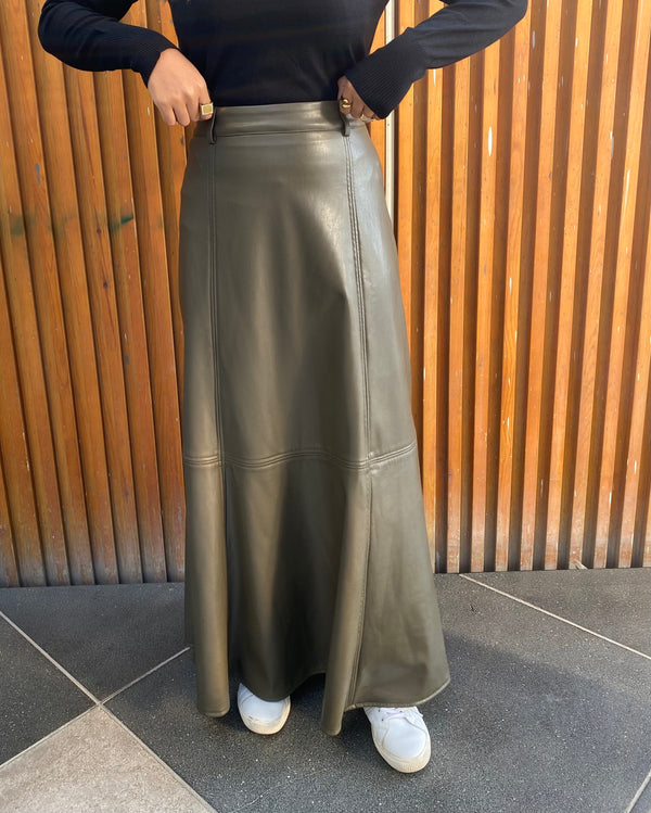 Top-stitched Leather Skirt - Olive