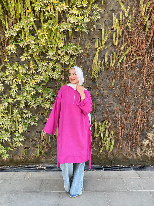 Zipper Linen Blouse - Fuchsia