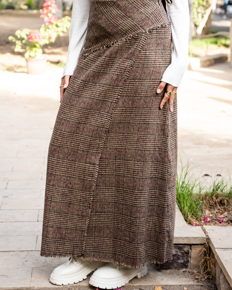 Plaid Fringed Skirt - Brown