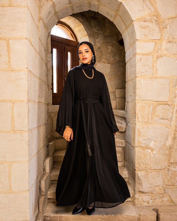 Pleated Chiffon Sleeves Abaya - Black