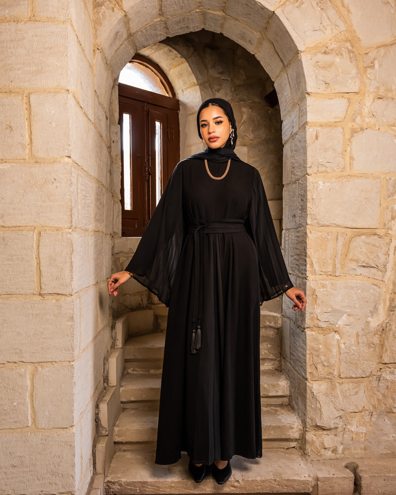 Pleated Chiffon Sleeves Abaya - Black