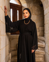 Pleated Chiffon Sleeves Abaya - Black