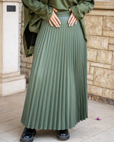 Pleated Leather Skirt-Olive