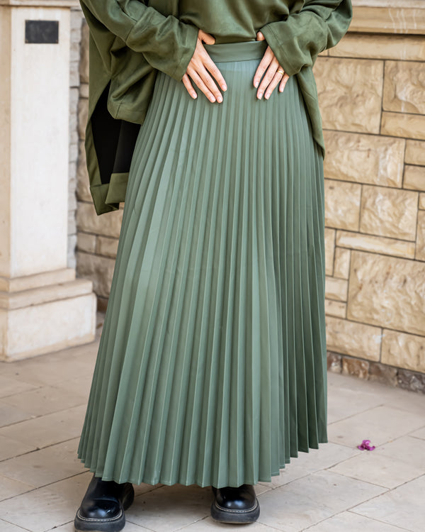 Pleated Leather Skirt-Olive