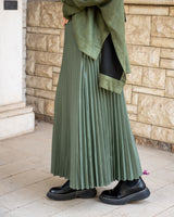 Pleated Leather Skirt-Olive