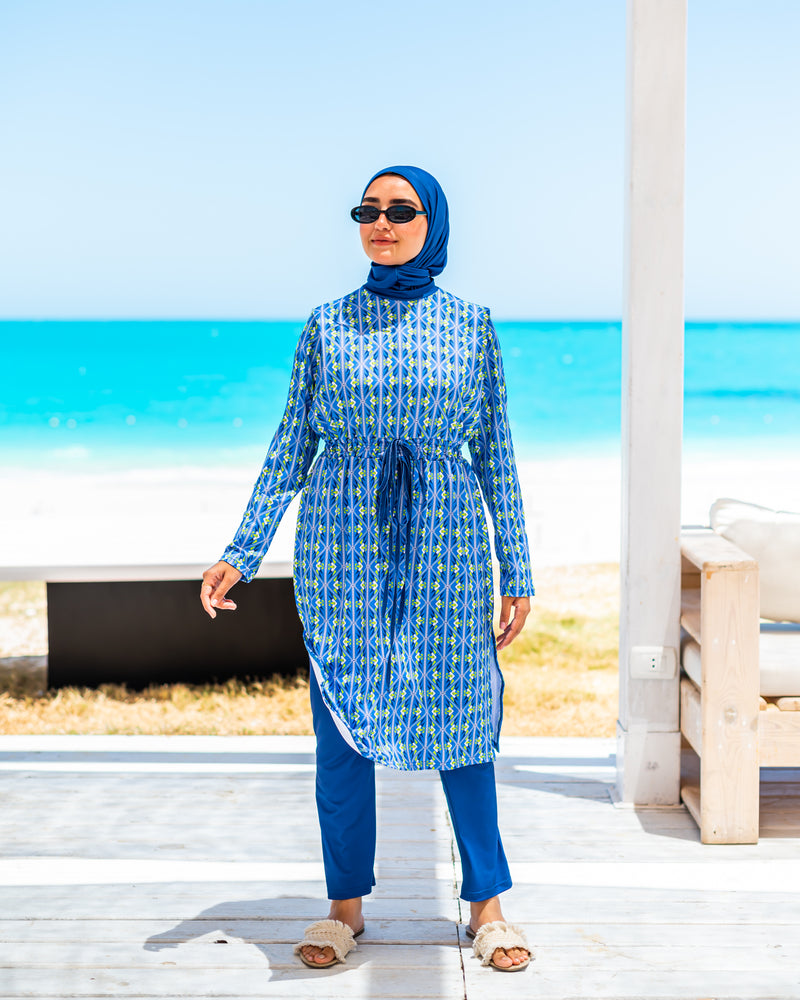 Printed Drawstring Burkini-New blue