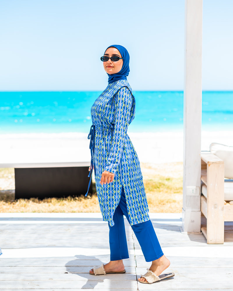 Printed Drawstring Burkini-New blue