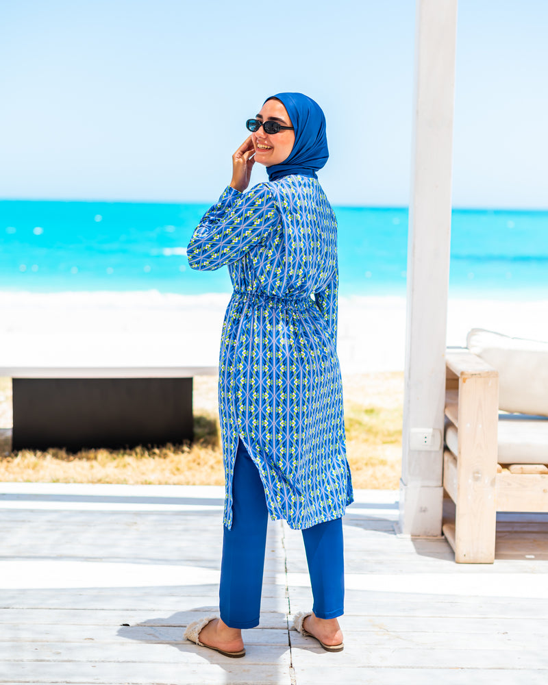 Printed Drawstring Burkini-New blue