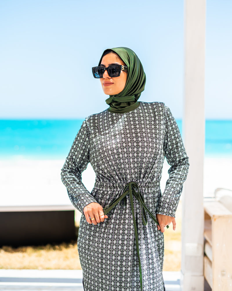 Printed Drawstring Burkini-Olive