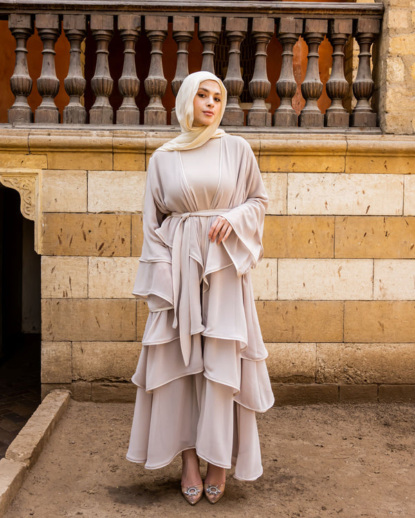 Layered Chiffon Abaya-Beige