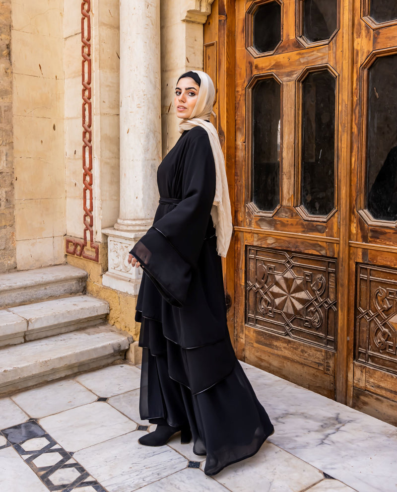 Layered Chiffon Abaya-Black